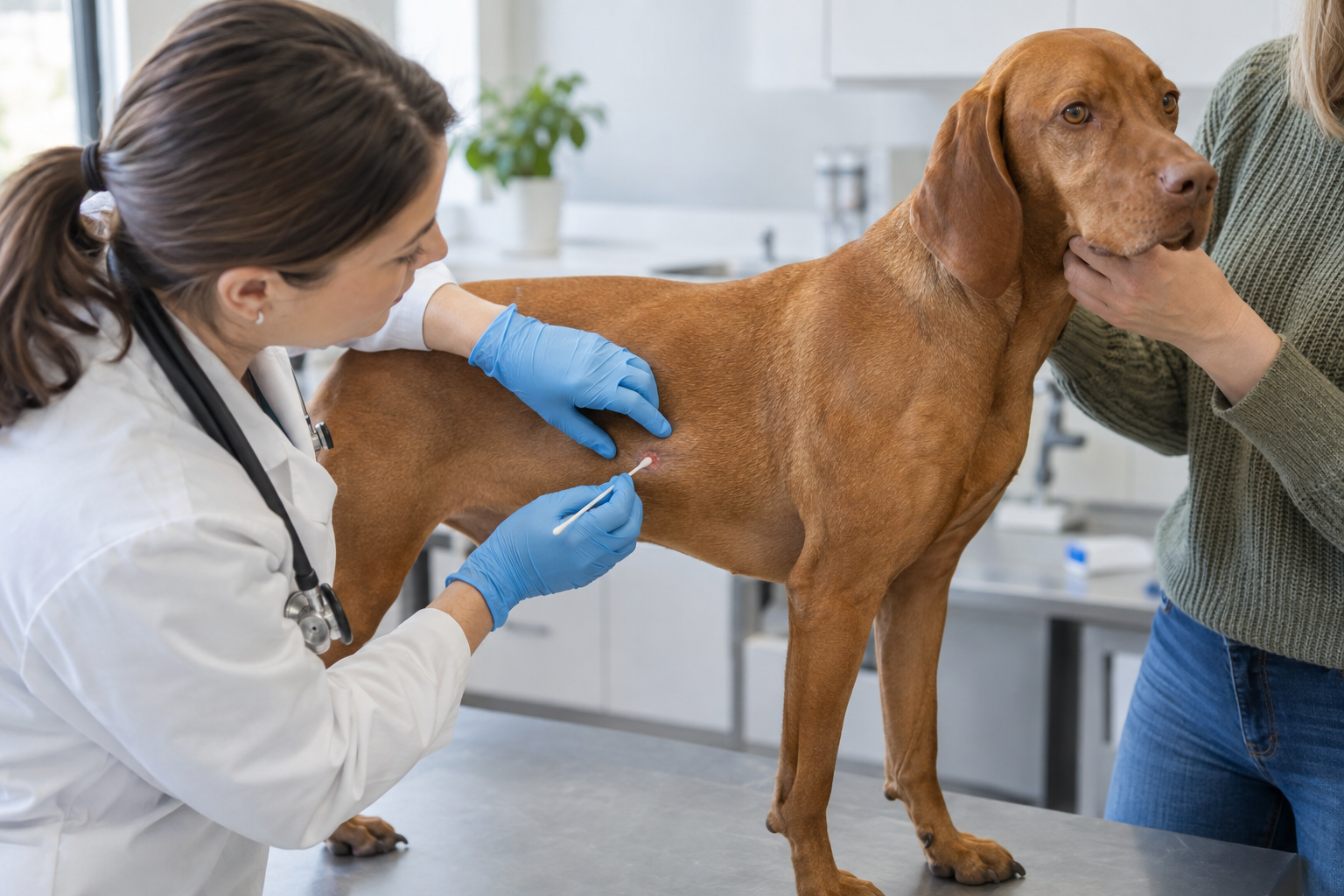 Veterinárka odoberá ster z mokvajúceho ložiska psa